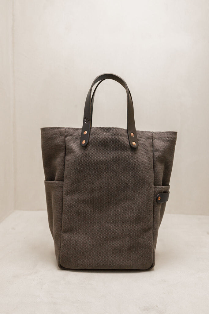 leather-handled canvas tote in smoke