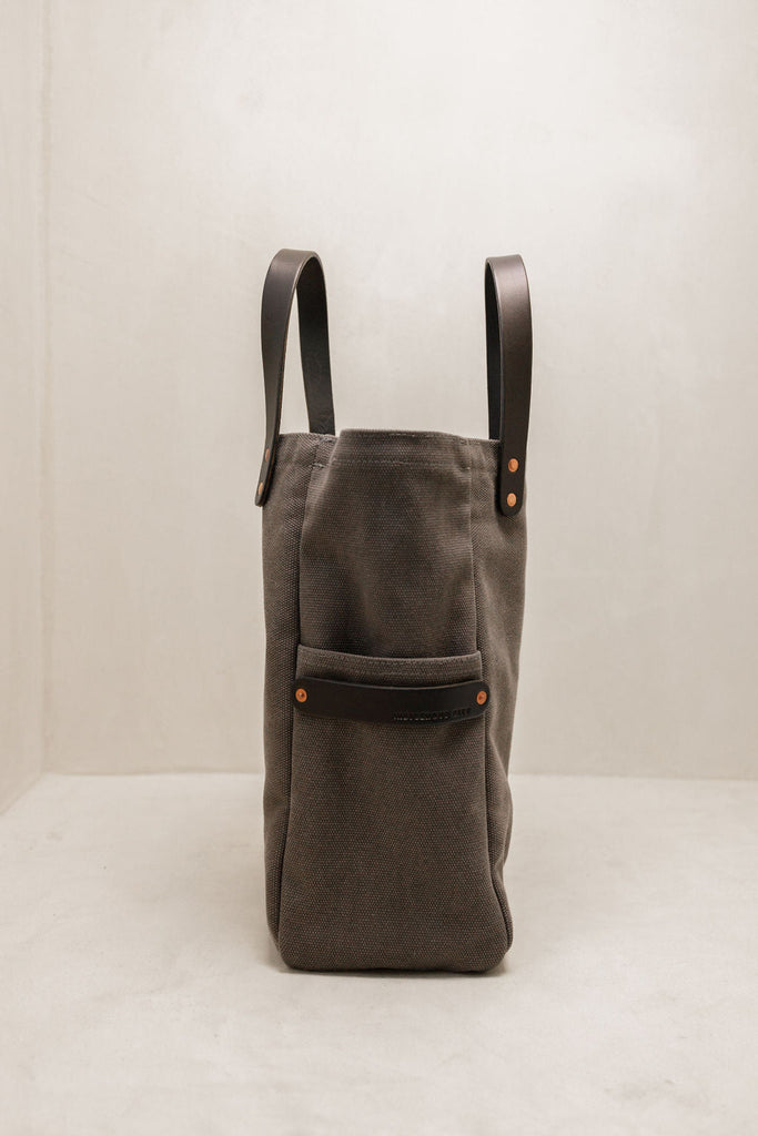 leather-handled canvas tote in smoke